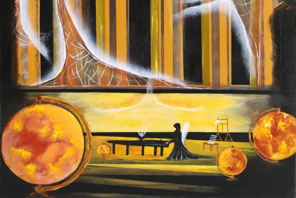 Le Silence — peinture surréaliste de Patrice Goubeau avec globes planétaires et figure angélique