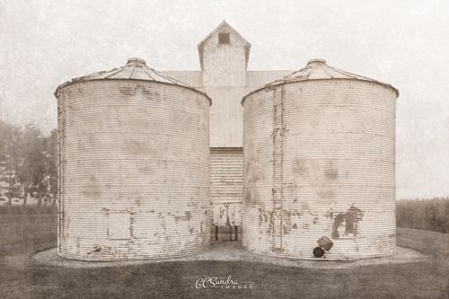 "Grand Stature" is a textured monochrome fine art image of a rural Illinois scene with 2 grain bins sitting in front of a corn crib. © Gregory C. Sundra