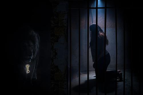 A woman behind bars looking toward a massive lion in the dark.