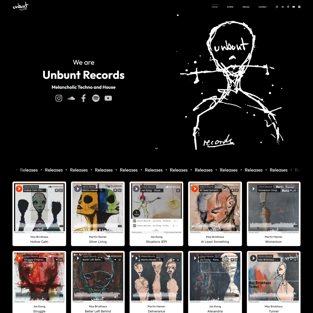 Zrzut ekranu portfolio agencji muzycznej Unbunt Records