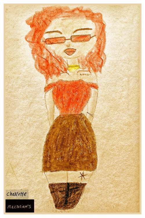A hand-drawn figure features a red-haired woman wearing glasses, an off-shoulder top, and a brown skirt. The sketch highlights a simple and stylized form against a beige background.