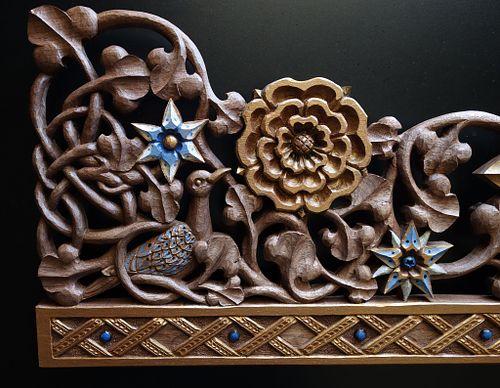 wood carving of a stylized turtle dove, flowers, and vines for the tabernacle at St. Bernadette Catholic Church