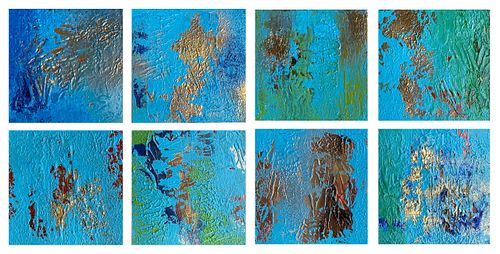 Abstract painting featuring mineral blue tones with raw earth textures, perfect for biophilic interior design projects and sustainable luxury villas