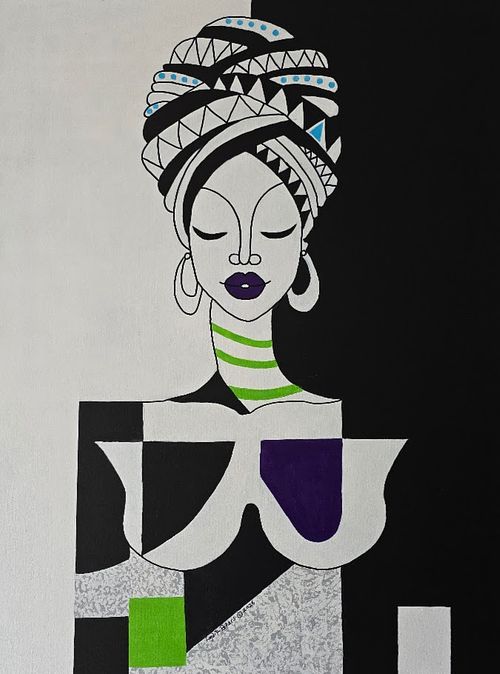 Lydia Peters Art, The Sovereign Guardian, The Internal Canvas Collection, Lydia Peters Fine Arts, majestic cubist portrait, geometric mask detail, architectural peace series, black and white abstract fine art.