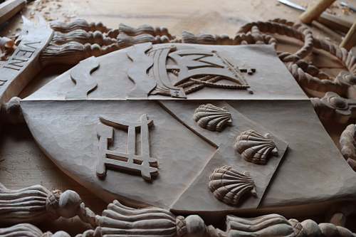 Detail of the shield or escutcheon with the Diocese' arms on the dexter side and the Bishop's on the sinister side