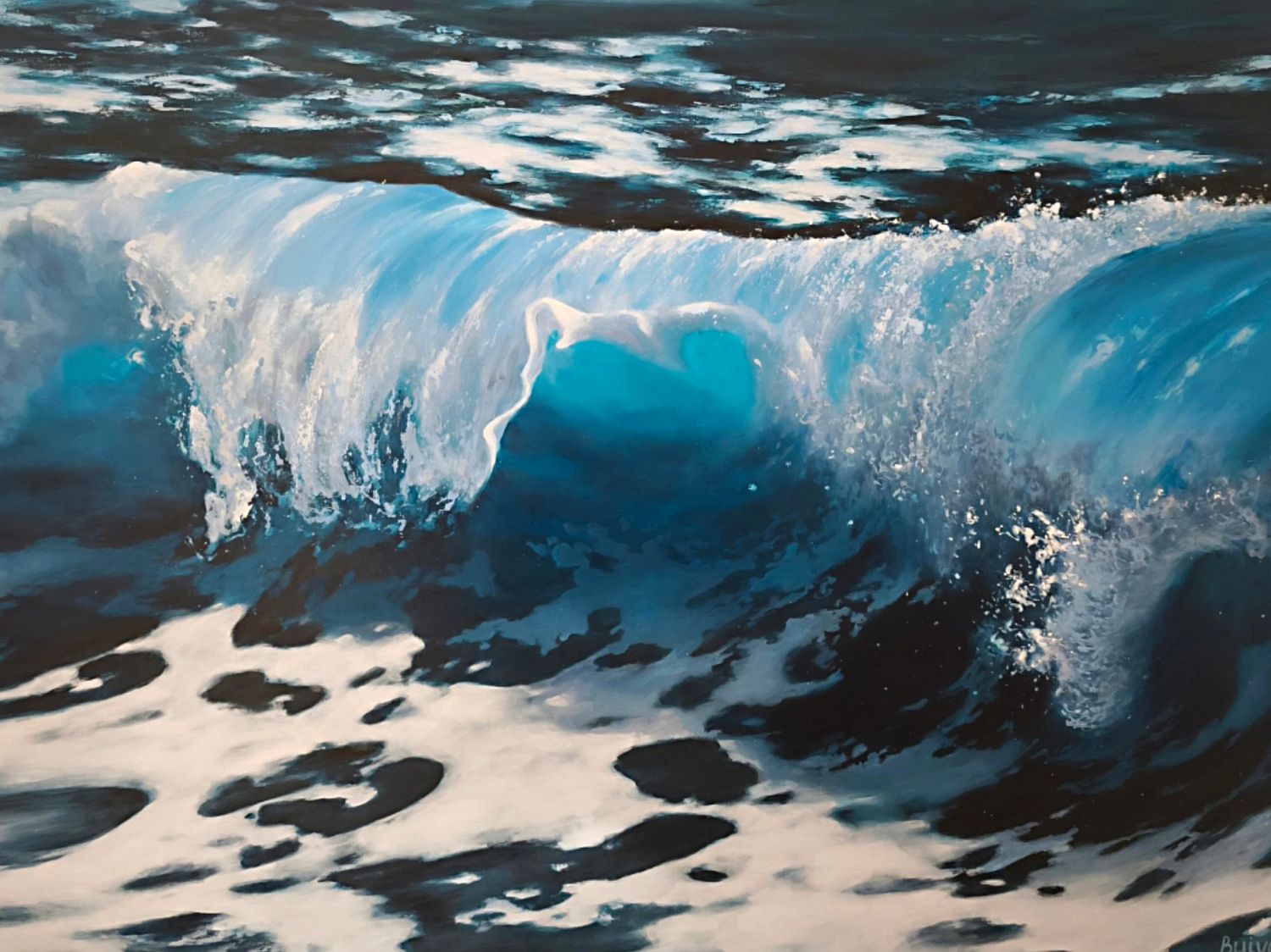 Photorealistic acrylic painting of a blue wave with sunlit white foam and transparent water tones.