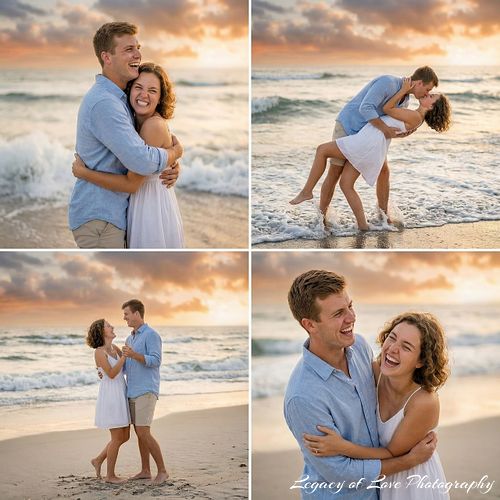 Collage of a couple celebrating a surprise engagement on Jacksonville Beach at sunset by Legacy of Love Photography.