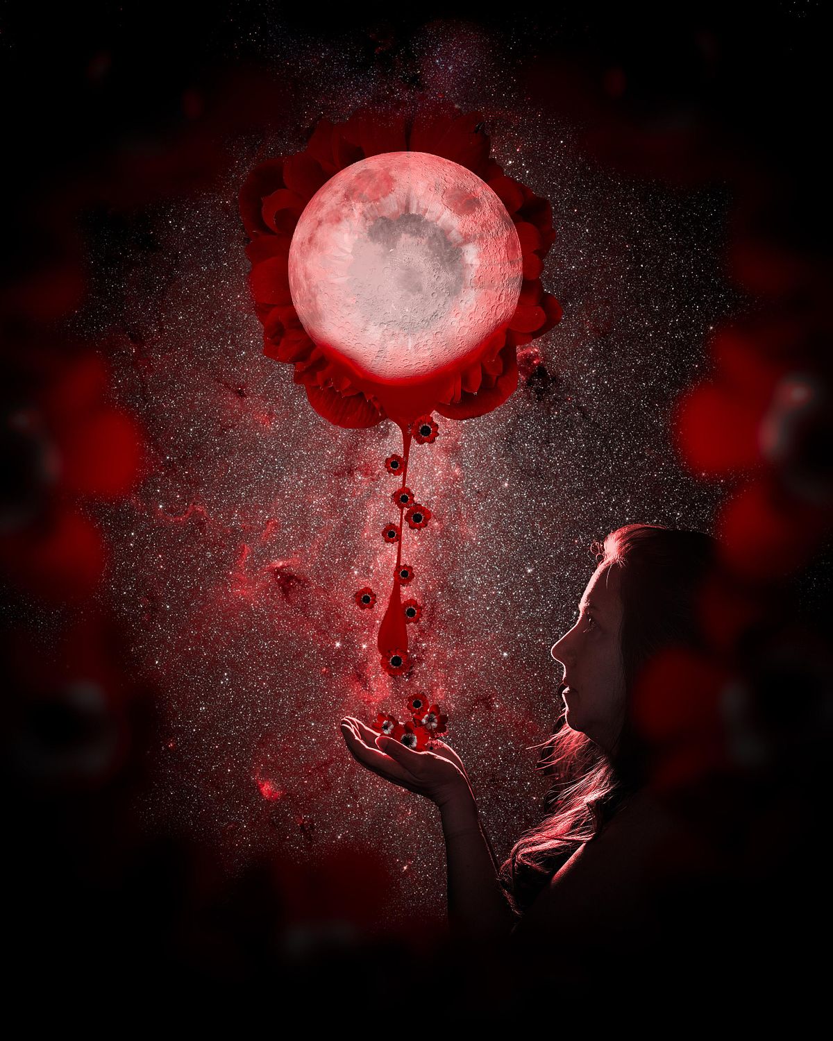 A composite of moon bloom bleeding petals into a woman's hand.