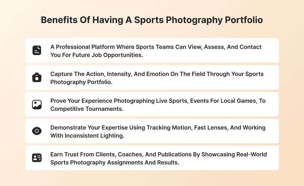 Infografía que muestra los beneficios de tener un portafolio de fotografía deportiva