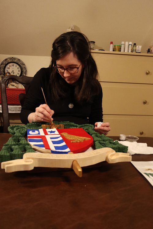 polychrome hand painting Bishop McKnight's coat of arms