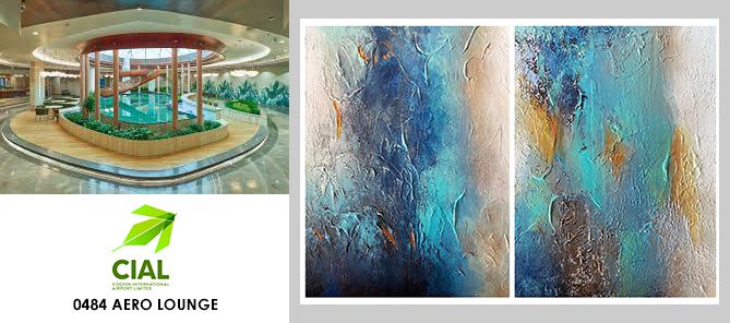 Sophisticated blue and grey abstract painting for a corporate headquarters lobby, reflecting professional elegance and brand authority