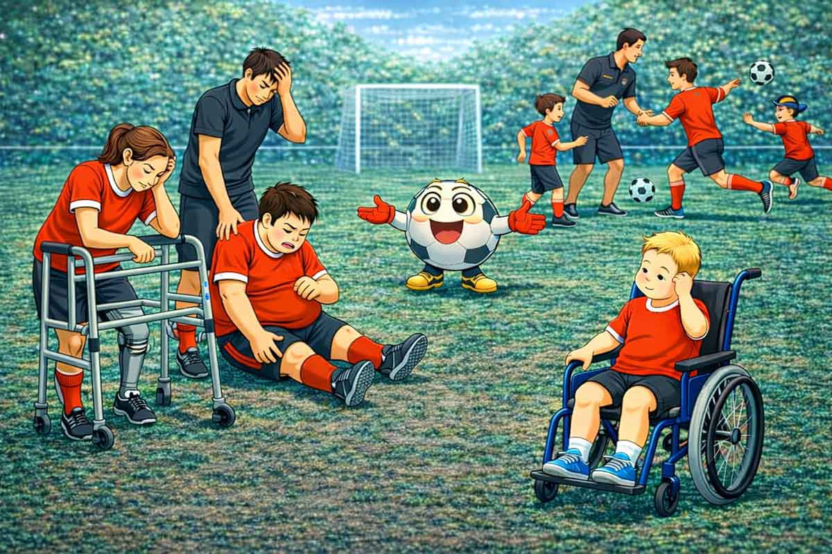 Ein inklusives Trainingsszenario mit Überforderung: Ein Spieler sitzt erschöpft am Boden, ein Trainer wirkt unsicher, während andere Kinder weiterspielen – ein Beispiel für fehlende Anpassung bei großen Leistungsunterschieden.