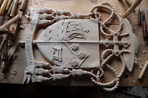 Coat of arms carving finished and ready for paint